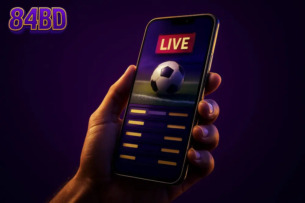 84BD app — a hand holding a phone with a live sports betting screen