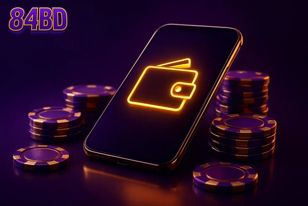 84BD bKash deposit — a glowing smartphone with mobile-wallet icons surrounded by poker chips 84BD bKash deposit — a glowing smartphone with mobile-wallet icons surrounded by poker chips