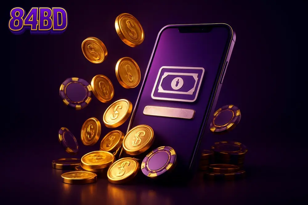 84BD bKash deposit — a mobile wallet app paying out with falling gold coins and casino chips 84BD bKash deposit — a mobile wallet app paying out with falling gold coins and casino chips