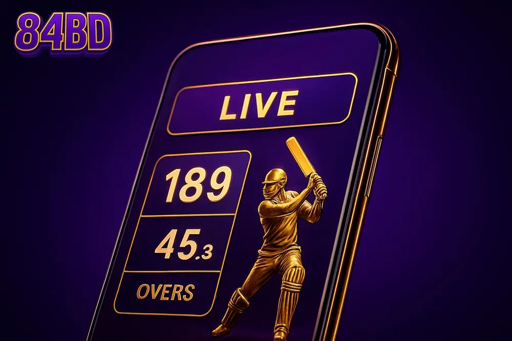 84BD cricket betting — a smartphone showing a live cricket match score interface