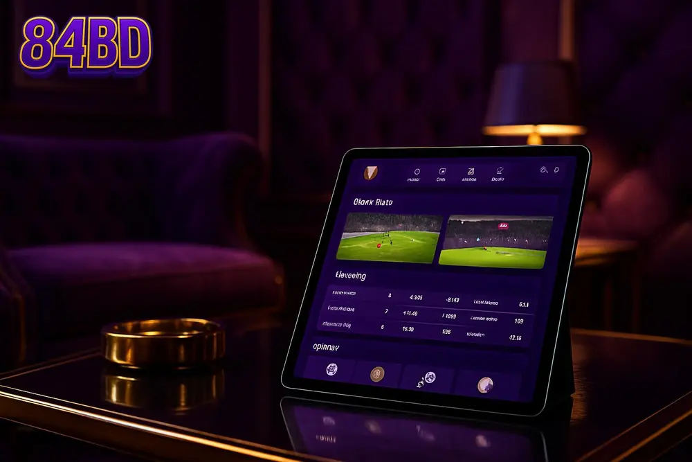 84BD Bangladesh โ a purple and gold themed lounge with a betting app on a tablet 84BD Bangladesh โ a purple and gold themed lounge with a betting app on a tablet