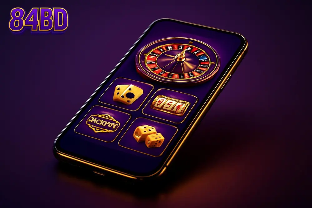 84BD Bangladesh โ a smartphone glowing with a colorful casino gaming home screen 84BD Bangladesh โ a smartphone glowing with a colorful casino gaming home screen