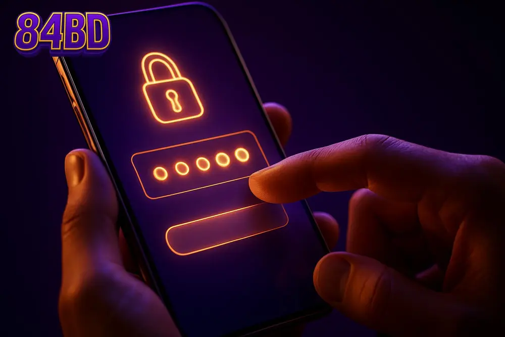 84BD login — a hand entering a password on a glowing mobile app interface