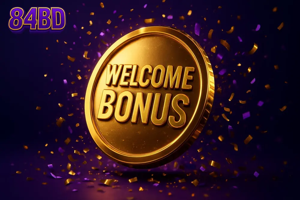 84BD signup bonus — a giant glowing welcome-bonus coin burst with confetti